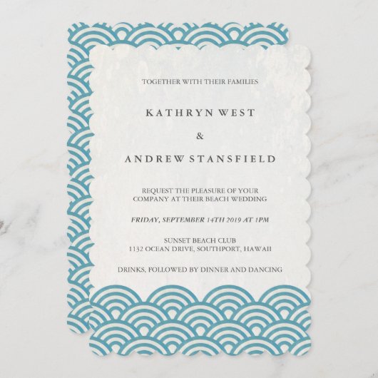 Zee Blue Green Stylized Zee Waves Beach Weddenscha Kaart (Voorkant / Achterkant)