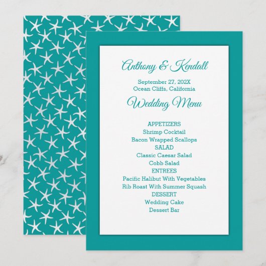Zee Blue Green Wedding Menu Sjabloon (Voorkant / Achterkant)
