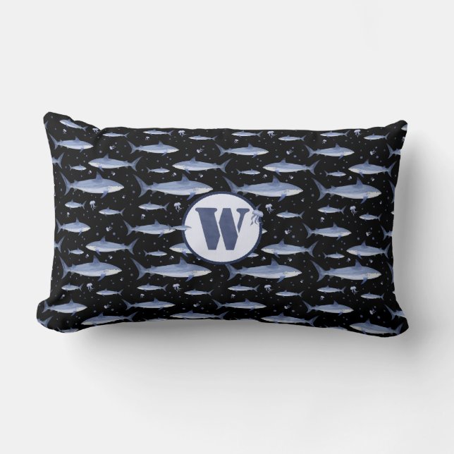 Zee Blue Monogram Waterverf Shark + Jellyfish Kussen (Voorkant)