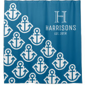 Zee Blue Nautical Anchors Persoonlijke familienaam Douchegordijn (Voorkant)