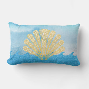 Zee Blue Sparging Waves Gold Diamond Seashell Kussen