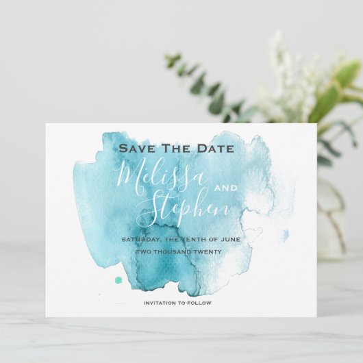 Zee Blue Waterverf Beach Weddenschap Save the Date (Staand voorkant)