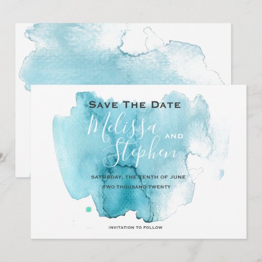 Zee Blue Waterverf Beach Weddenschap Save the Date (Voorkant / Achterkant)