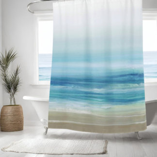 Zee Blue Waterverf Ocean Waves Kuststrand Douchegordijn