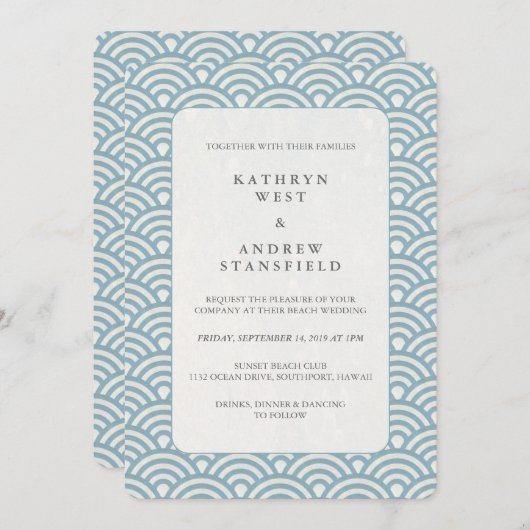 Zee Blue + White Deco Wave Pattern Weddenschap Kaart (Voorkant / Achterkant)