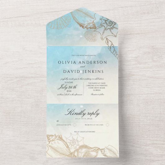 Zee bruiloft zomer blauw oceaan strand bruiloft all in one uitnodiging (Binnen)