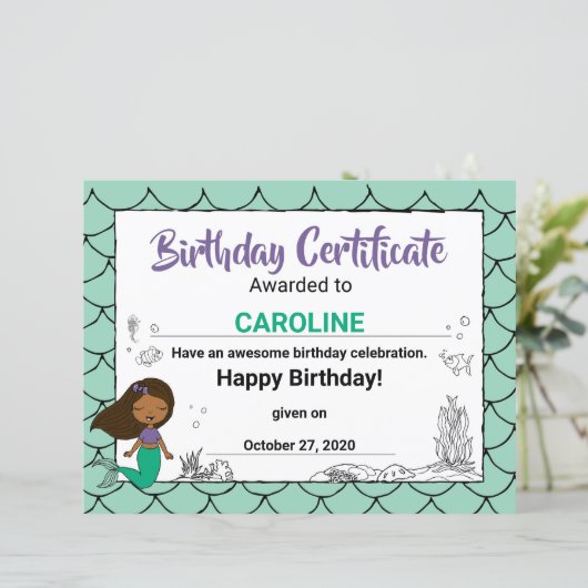 Zee Creature Party Black Mermaid B-day Certificate (Staand voorkant)