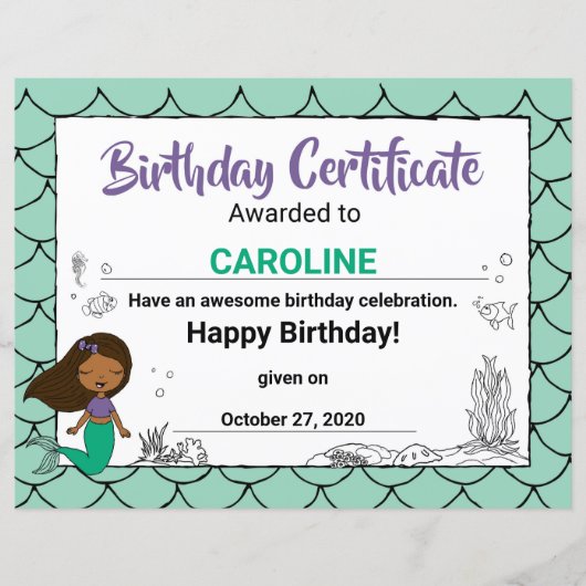 Zee Creature Party Black Mermaid B-day Certificate (Voorkant)