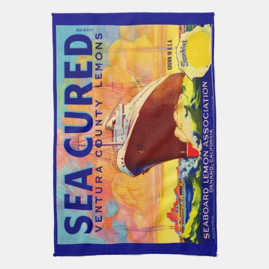 Zee-Cured merkcitroenen, op het etiket gedrukt Theedoek (Verticaal)