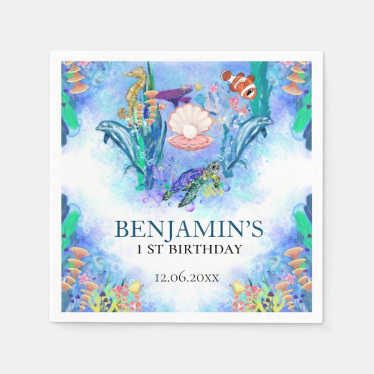 Zee dieren in de oceaan op een dag servet (Voorkant)