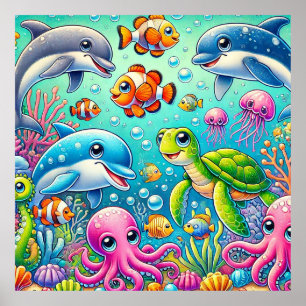 Zee Dieren Kinderen Muur Kunst Onderwater Scene Poster