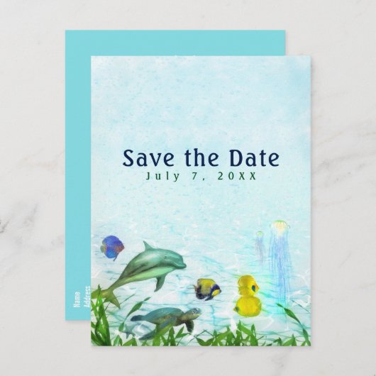 Zee Dieren Strand Aquarel Elegant Save the Date Aankondigingskaart (Voorkant / Achterkant)