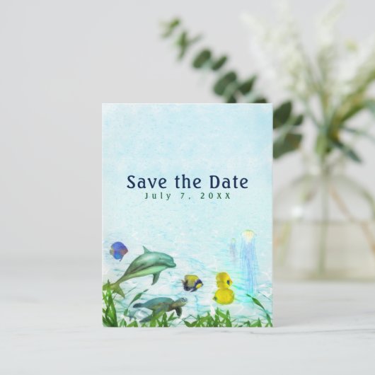 Zee Dieren Strand Aquarel Elegant Save the Date Aankondigingskaart (Staand voorkant)