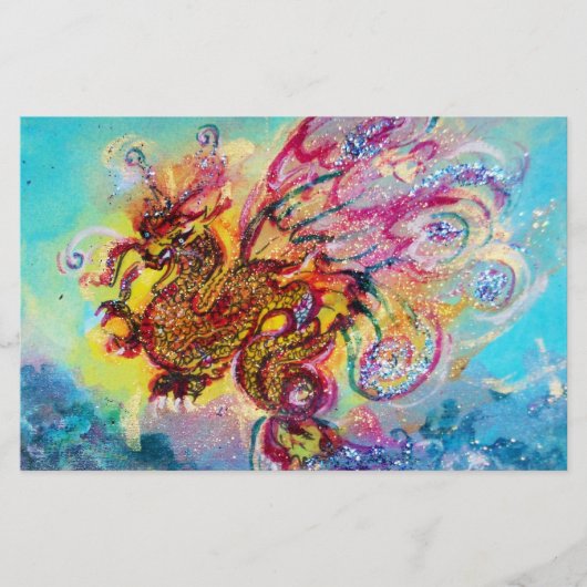 ZEE DRAGON ONDER WAVES Fantasy Pink Blue Briefpapier (Voorkant)