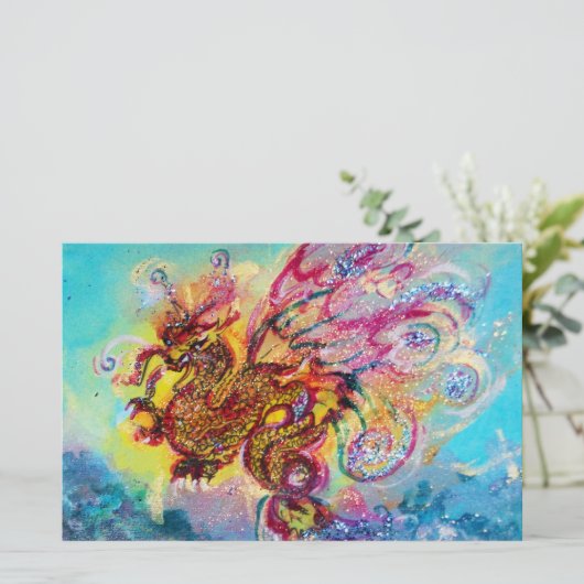 ZEE DRAGON ONDER WAVES Fantasy Pink Blue Briefpapier (Staand voorkant)