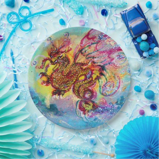 ZEE DRAGON ONDER WAVES Fantasy Pink Blue Papieren Bordje (Feest)