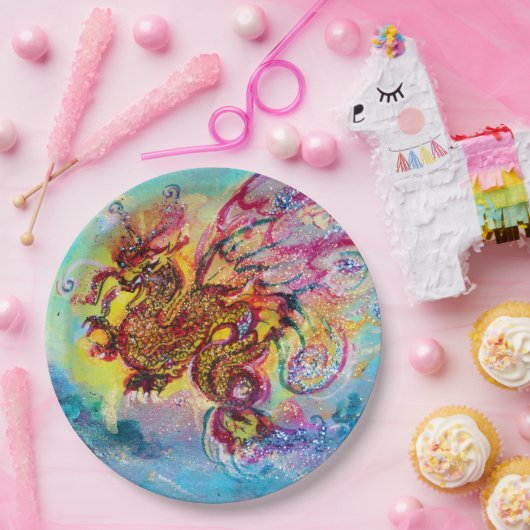 ZEE DRAGON ONDER WAVES Fantasy Pink Blue Papieren Bordje (Feest)