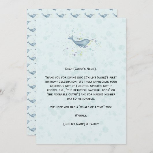 "Zee-eenhoorn" Narwal verjaardag Bedankkaart (Voorkant / Achterkant)