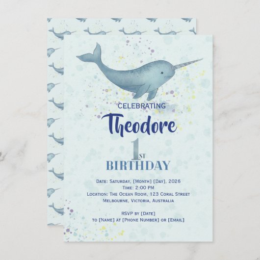 Zee Eenhoorn Narwal waterverf 1e verjaardag Kaart (Voorkant / Achterkant)