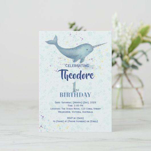 Zee Eenhoorn Narwal waterverf 1e verjaardag Kaart (Staand voorkant)