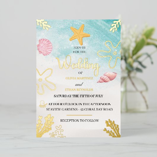 Zee-elegantie Folie Uitnodiging (Staand Voorkant)