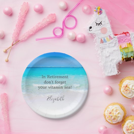 Zee en zand van de prijsopgave bij pensionering papieren bordje (Feest)