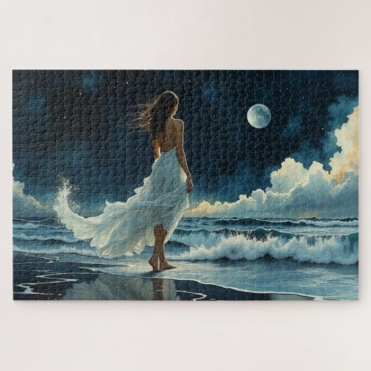 Zee-escapade onder de maan | Kustkunst Legpuzzel (Horizontaal)