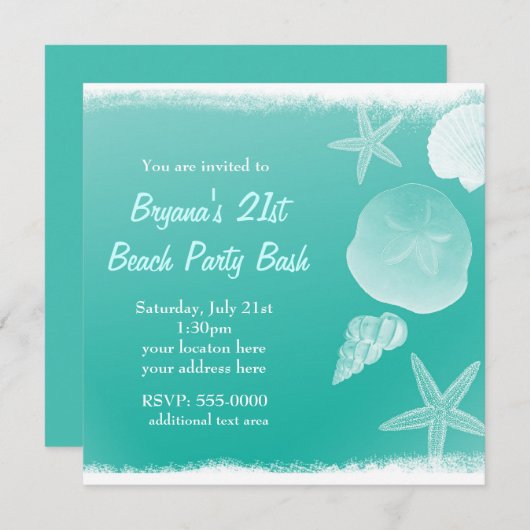 Zee Foam Green Beach Seashells Zomeruitnodiging Kaart (Voorkant / Achterkant)