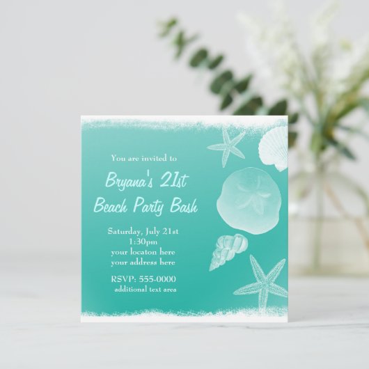 Zee Foam Green Beach Seashells Zomeruitnodiging Kaart (Staand voorkant)