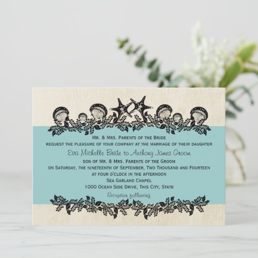 Zee Garland Aqua Bruiloft Kaart (Staand voorkant)