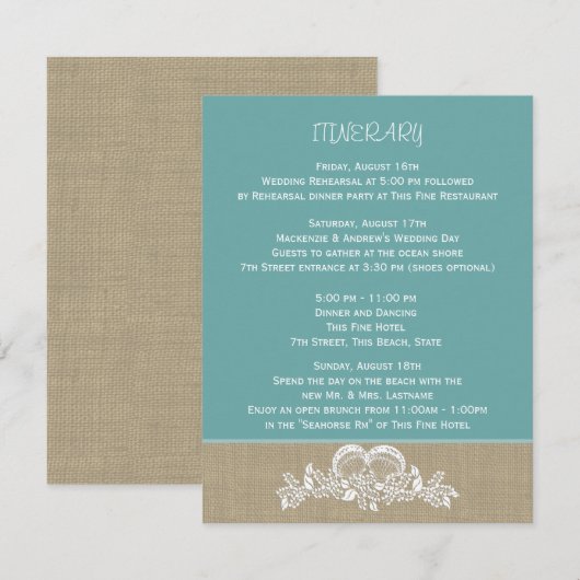 Zee Garland Beach Bruiloft Route Informatiekaartje (Voorkant / Achterkant)