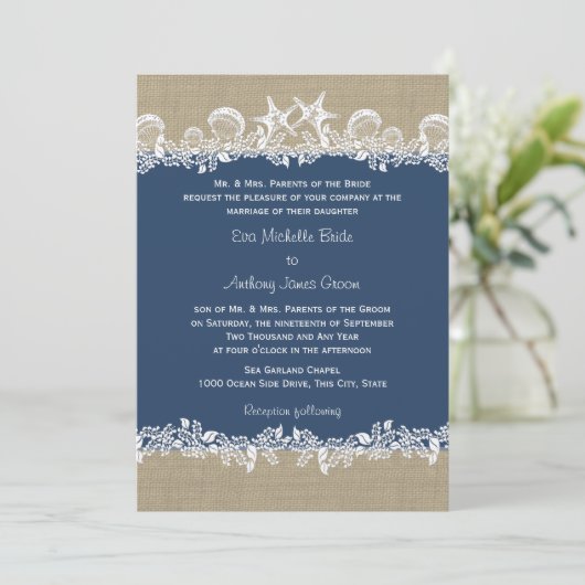 Zee Garland Navy Blue Bruiloft Kaart (Staand voorkant)