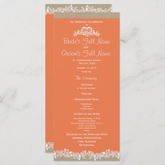 Zee Garland Tangerine en Burlap Trouwprogramma Programmakaart (Voorkant / Achterkant)