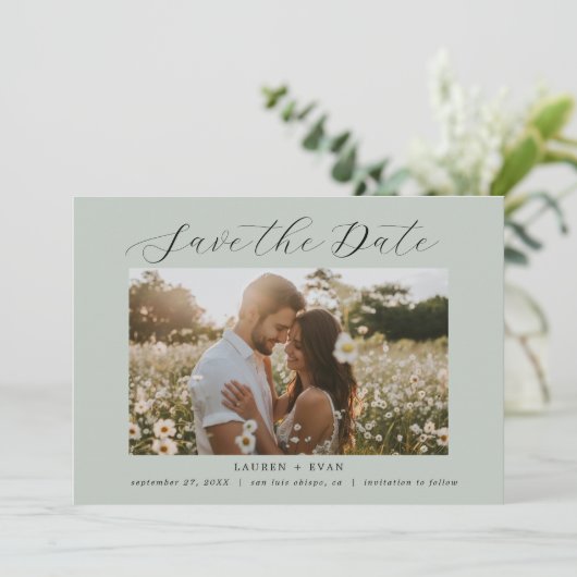 Zee Glas Groen Elegant Modern Boho Save the Date Kaart (Staand voorkant)