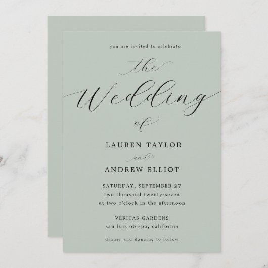 Zee Glas Groen Script Elegant Modern Wedding Kaart (Voorkant / Achterkant)