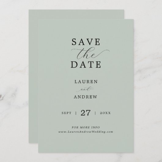 Zee Glas Groen Script Elegant Modern Wedding Save The Date (Voorkant / Achterkant)