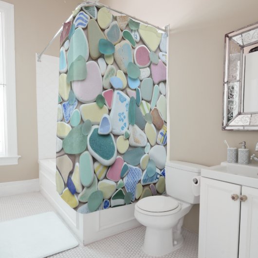 Zee glas, strandaarster, pastelblauw groen douchegordijn (In situ)