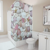 Zee glas, strandpotten, pastelroze beige schelpen douchegordijn (In situ)