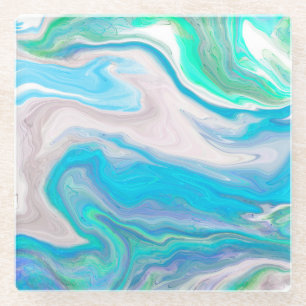 Zee Glass Blue en Green Marble Fluid Art Glazen Onderzetter
