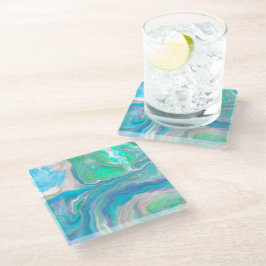 Zee Glass Blue en Green Marble Fluid Art Glazen Onderzetter