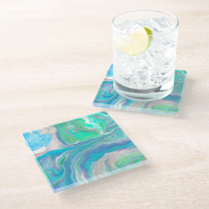 Zee Glass Blue en Green Marble Fluid Art Glazen Onderzetter