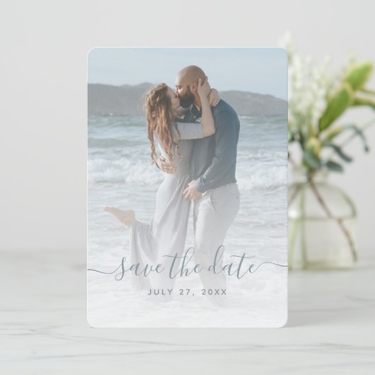 Zee Glass Dusty Blue Photo Save the Date Wedding Kaart (Staand voorkant)