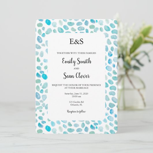 Zee Glass Wedding Monogram Blue Stripe Invitation Kaart (Staand voorkant)