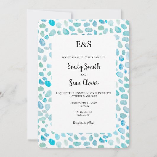 Zee Glass Wedding Monogram Blue Stripe Invitation Kaart (Voorkant)