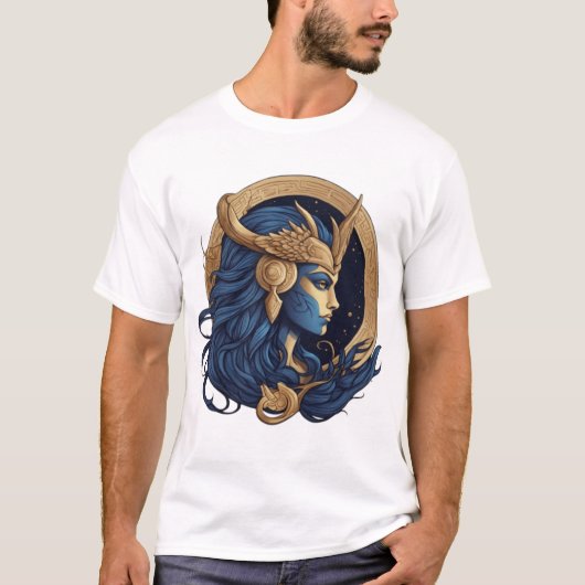 Zee Goddess – Blauw en Goud Elegant Ontwerp T-shirt (Voorkant)