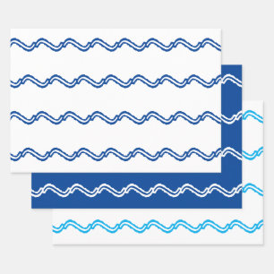 Zee golft blauw wit nautisch patroon 3 gift inpakpapier vel
