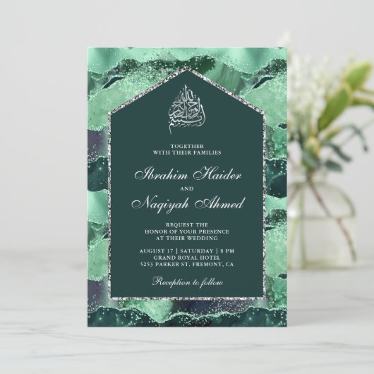 Zee Green Silver Agate Marble Arch Muslim Wedding Kaart (Staand voorkant)
