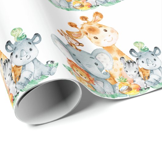 Zee Green Waterverf Cute Safari Oerwoud Animals Cadeaupapier (Rol Hoek)