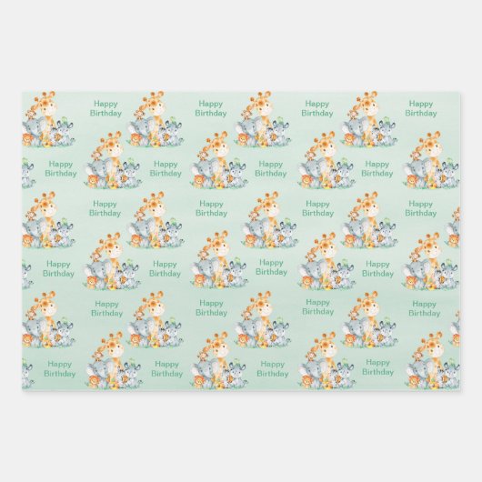 Zee Green Waterverf Cute Safari Oerwoud Animals Inpakpapier Vel (Voorkant 2)