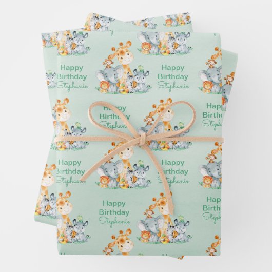 Zee Green Waterverf Cute Safari Oerwoud Animals Inpakpapier Vel (In situ)